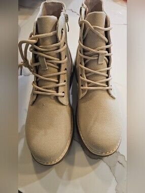 Women's Beige Canvas Lace-Up Boots